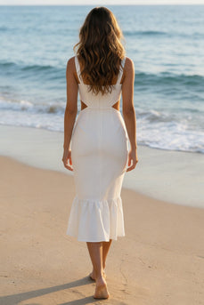 Elfenbein Quadrathals Bodycon Standesamt Kleid mit Rüschen