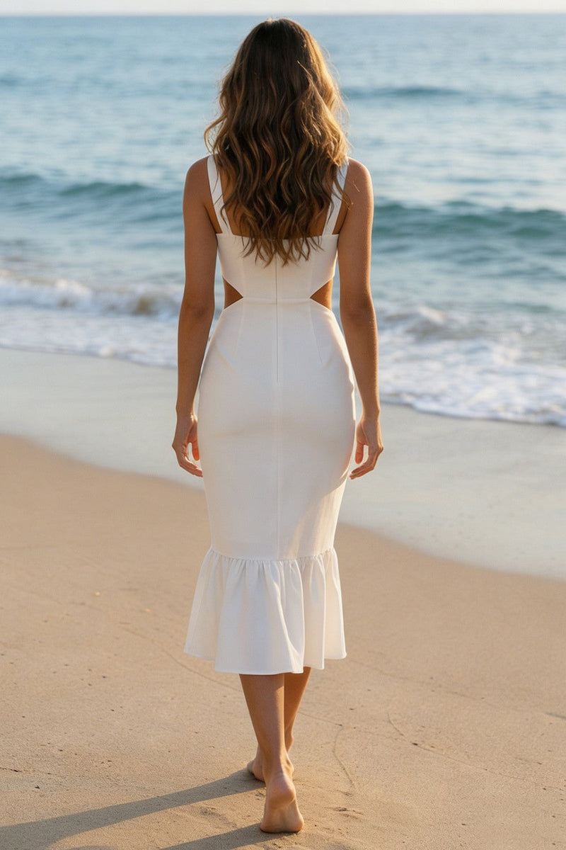 Laden Sie das Bild in den Galerie-Viewer, Elfenbein Quadrathals Bodycon Standesamt Kleid mit Rüschen