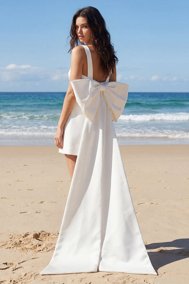 Laden Sie das Bild in den Galerie-Viewer, Quadratischer Elfenbein-Bodycon Mini-Abschlusskleid mit großer Schleife