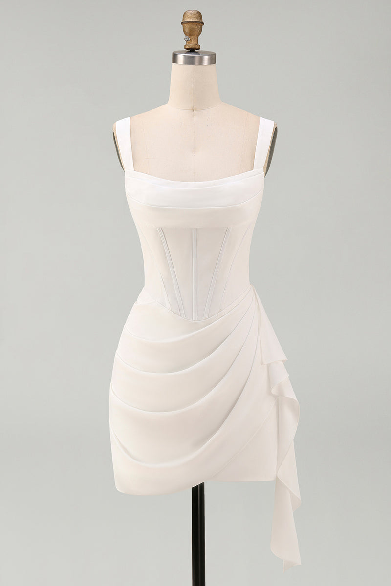 Laden Sie das Bild in den Galerie-Viewer, Tüll Elfenbein Korsett Quadratischer Ausschnitt Gerafftes Bodycon Mini Standesamt Kleid mit Rüschen