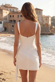 Tüll Elfenbein Korsett Quadratischer Ausschnitt Gerafftes Bodycon Mini Standesamt Kleid mit Rüschen