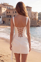 Laden Sie das Bild in den Galerie-Viewer, Tüll Elfenbein Korsett Quadratischer Ausschnitt Gerafftes Bodycon Mini Standesamt Kleid mit Rüschen