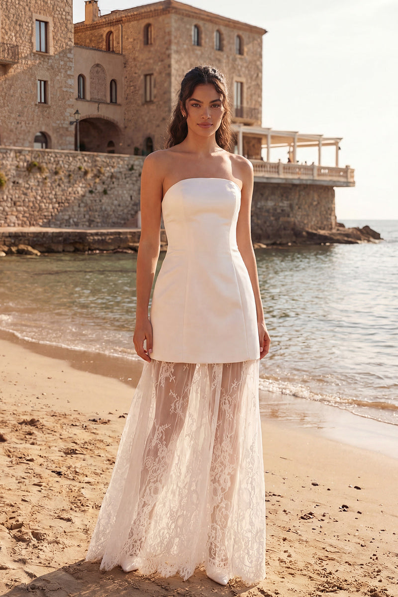 Laden Sie das Bild in den Galerie-Viewer, Elfenbein Scheide Herzausschnitt Langes Standesamt Kleid mit Spitze