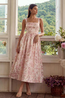 Laden Sie das Bild in den Galerie-Viewer, Blush Jacquard A-Linien Eckiger Hals Midi Kleid mit Schnürung hinten