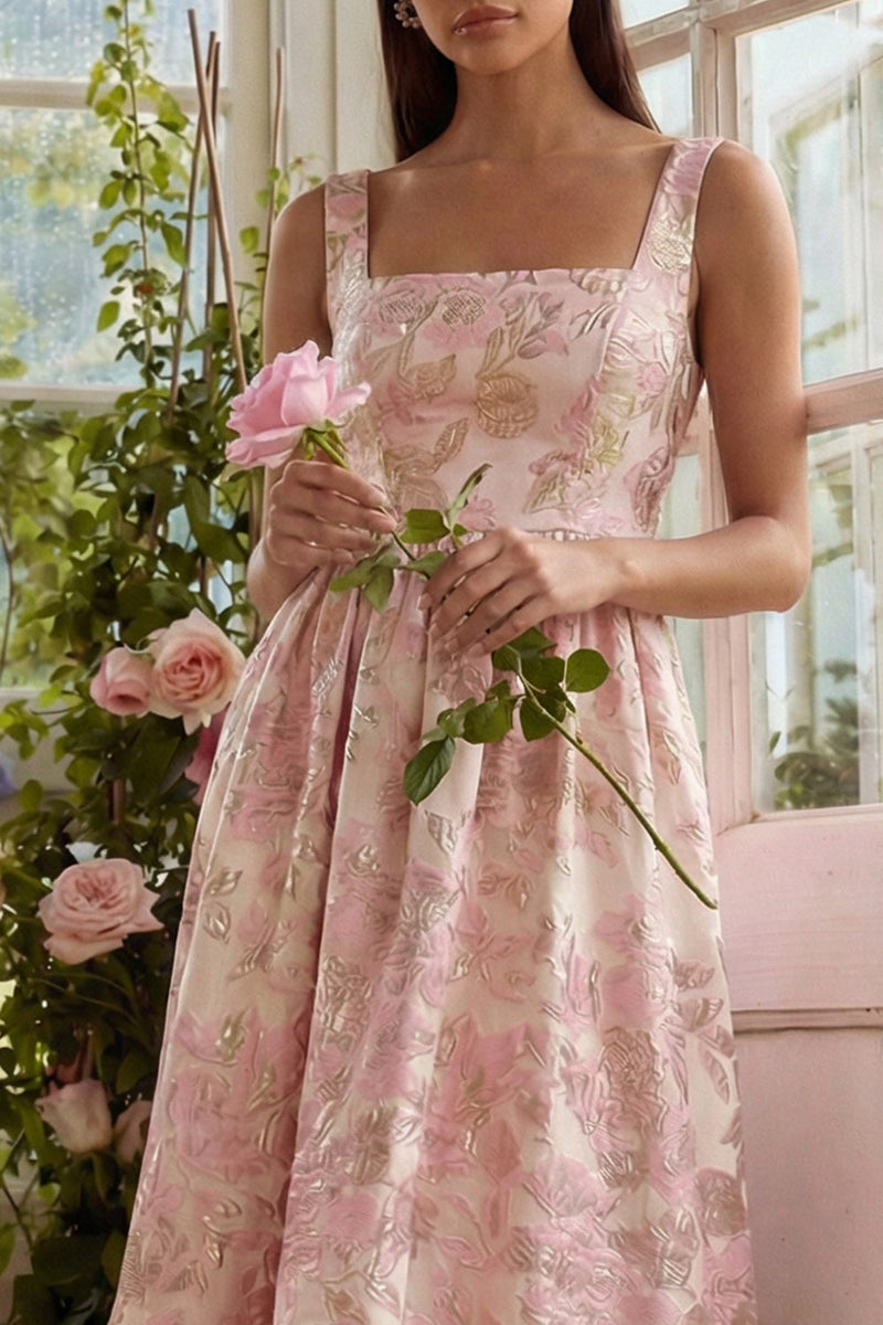 Laden Sie das Bild in den Galerie-Viewer, Blush Jacquard A-Linien Eckiger Hals Midi Kleid mit Schnürung hinten