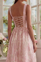 Laden Sie das Bild in den Galerie-Viewer, Blush Jacquard A-Linien Eckiger Hals Midi Kleid mit Schnürung hinten