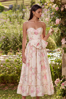 Laden Sie das Bild in den Galerie-Viewer, Rosa Weißes Blumenmuster Trägerloses A-Linie Midi Kleid mit Bowknoten
