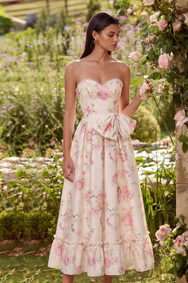 Laden Sie das Bild in den Galerie-Viewer, Rosa Weißes Blumenmuster Trägerloses A-Linie Midi Kleid mit Bowknoten