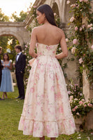 Laden Sie das Bild in den Galerie-Viewer, Rosa Weißes Blumenmuster Trägerloses A-Linie Midi Kleid mit Bowknoten