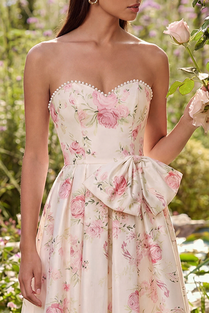 Laden Sie das Bild in den Galerie-Viewer, Rosa Weißes Blumenmuster Trägerloses A-Linie Midi Kleid mit Bowknoten