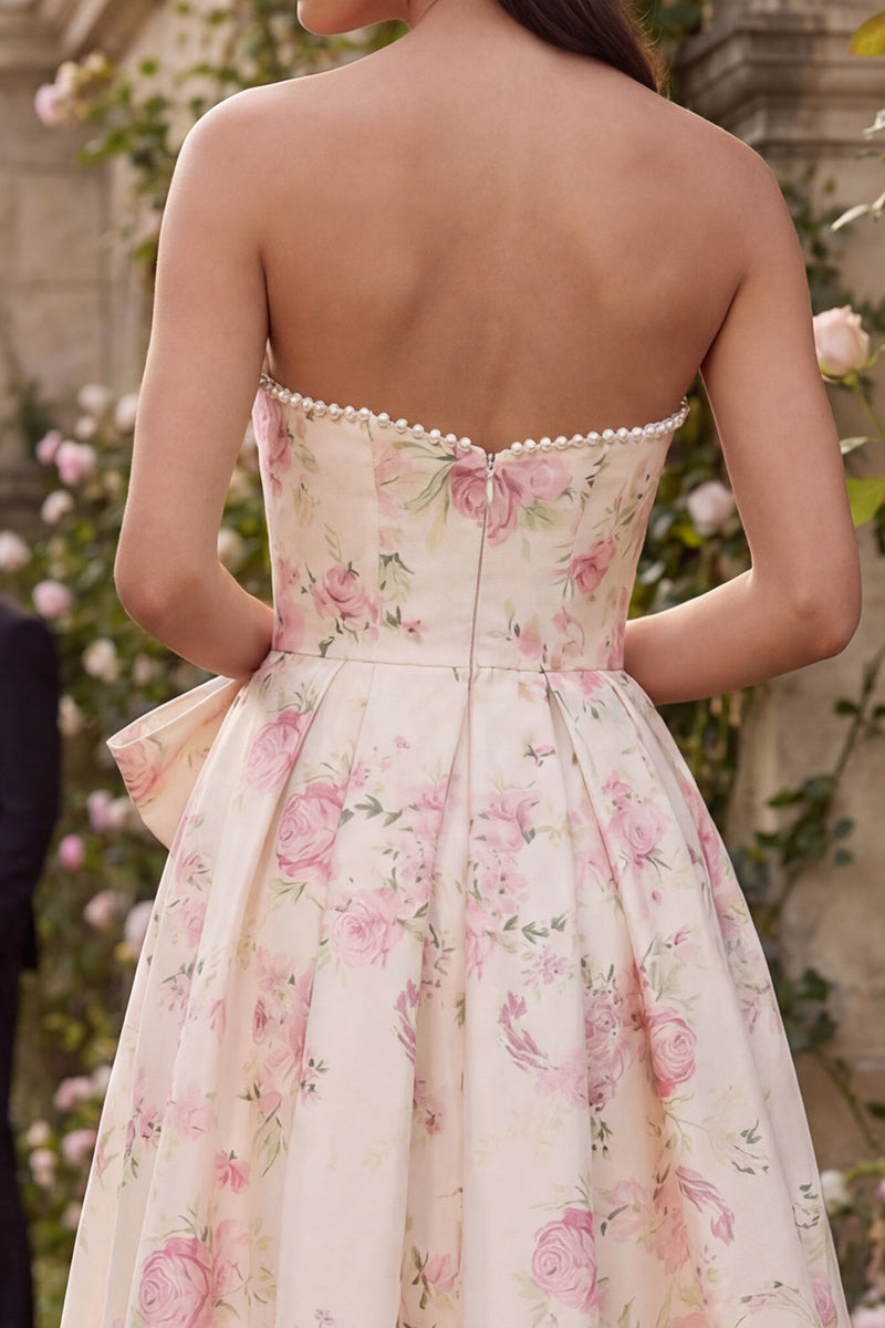 Laden Sie das Bild in den Galerie-Viewer, Rosa Weißes Blumenmuster Trägerloses A-Linie Midi Kleid mit Bowknoten