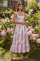 Laden Sie das Bild in den Galerie-Viewer, Lila Jacquard Blumen Korsett A-Linie Midi Kleid