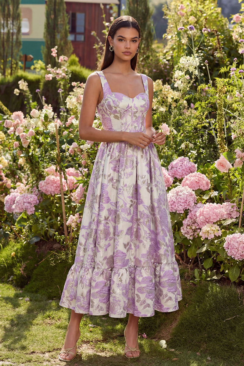 Laden Sie das Bild in den Galerie-Viewer, Lila Jacquard Blumen Korsett A-Linie Midi Kleid