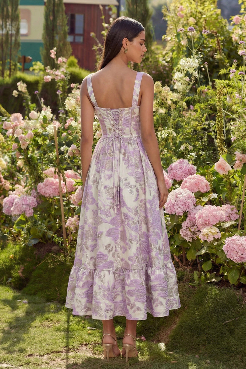 Laden Sie das Bild in den Galerie-Viewer, Lila Jacquard Blumen Korsett A-Linie Midi Kleid