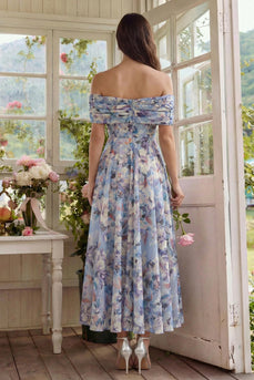 Blaues Blume A-Linie Schulterfreies Midi Kleid