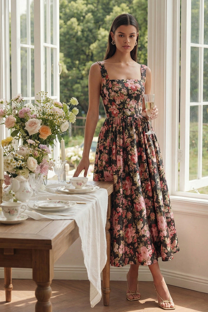 Laden Sie das Bild in den Galerie-Viewer, Schwarzes Rosa Blumen Quadrathals A-Linie Midi Kleid