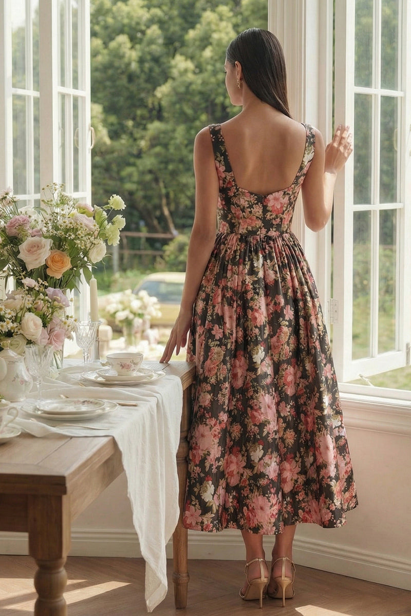Laden Sie das Bild in den Galerie-Viewer, Schwarzes Rosa Blumen Quadrathals A-Linie Midi Kleid