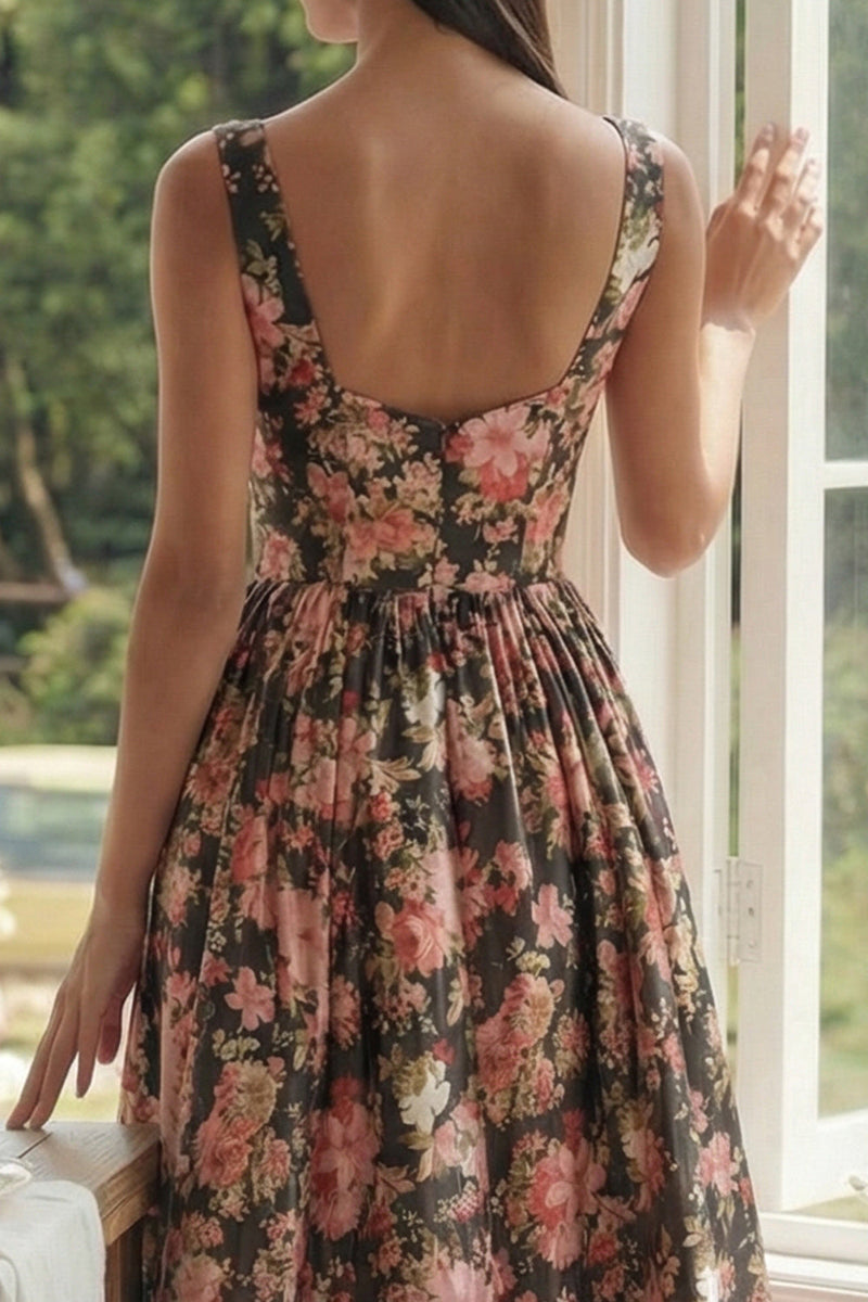 Laden Sie das Bild in den Galerie-Viewer, Schwarzes Rosa Blumen Quadrathals A-Linie Midi Kleid