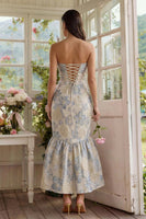 Laden Sie das Bild in den Galerie-Viewer, Staubiges Blaues Jacquard Meerjungfrauen Herzausschnitt Midi Kleid