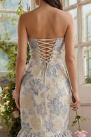 Laden Sie das Bild in den Galerie-Viewer, Staubiges Blaues Jacquard Meerjungfrauen Herzausschnitt Midi Kleid