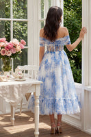 Laden Sie das Bild in den Galerie-Viewer, Weißes Blaues Blumen Korsett A-Linie Tüll Schulterfreies Midi Kleid