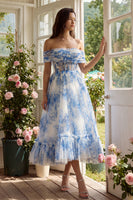 Laden Sie das Bild in den Galerie-Viewer, Weißes Blaues Blumen Korsett A-Linie Tüll Schulterfreies Midi Kleid