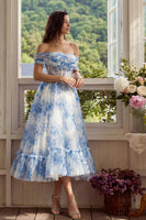 Laden Sie das Bild in den Galerie-Viewer, Weißes Blaues Blumen Korsett A-Linie Tüll Schulterfreies Midi Kleid