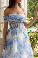 Laden Sie das Bild in den Galerie-Viewer, Weißes Blaues Blumen Korsett A-Linie Tüll Schulterfreies Midi Kleid