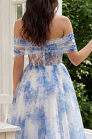 Laden Sie das Bild in den Galerie-Viewer, Weißes Blaues Blumen Korsett A-Linie Tüll Schulterfreies Midi Kleid
