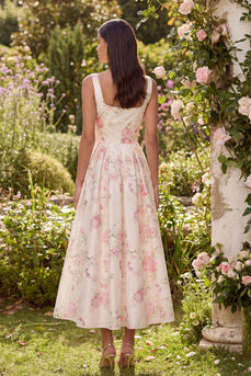Rosa Weißes Blumen A-Linie Midi Kleid mit quadratem Ausschnitt und Bowknoten