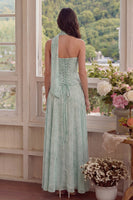 Laden Sie das Bild in den Galerie-Viewer, Staubiges Salbei Chiffon A-Line Korsett Trägerloses Midi Kleid