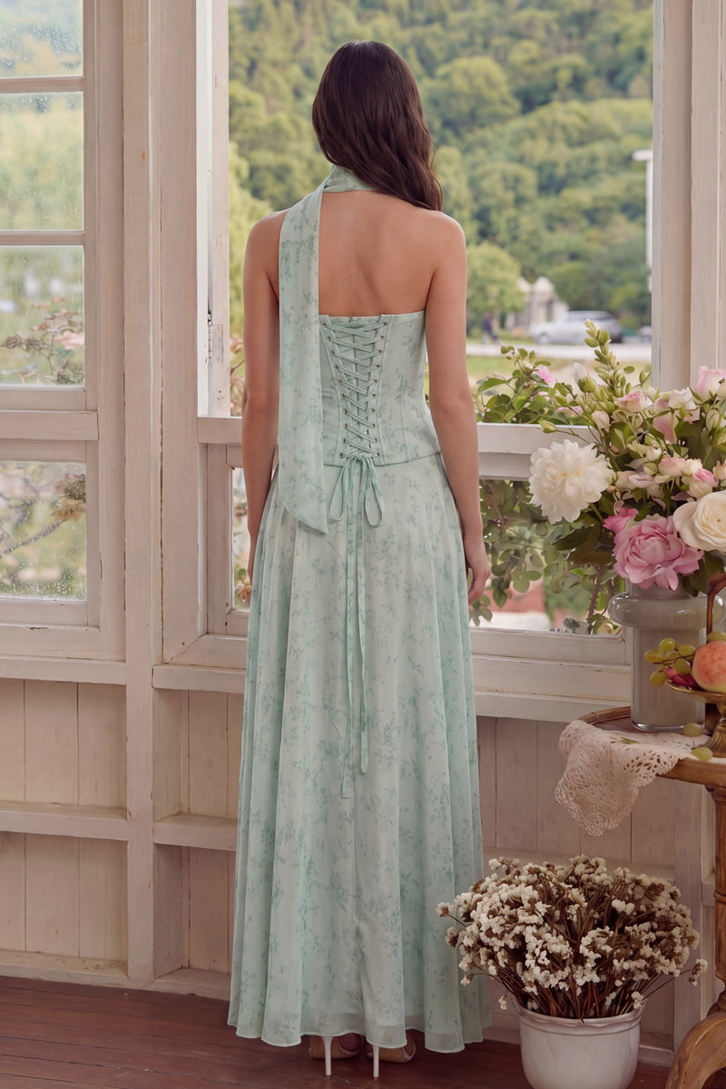 Laden Sie das Bild in den Galerie-Viewer, Staubiges Salbei Chiffon A-Line Korsett Trägerloses Midi Kleid