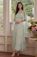 Laden Sie das Bild in den Galerie-Viewer, Staubiges Salbei Bedrucktes Chiffon A-Linie Zweiteiliges Midi Kleid