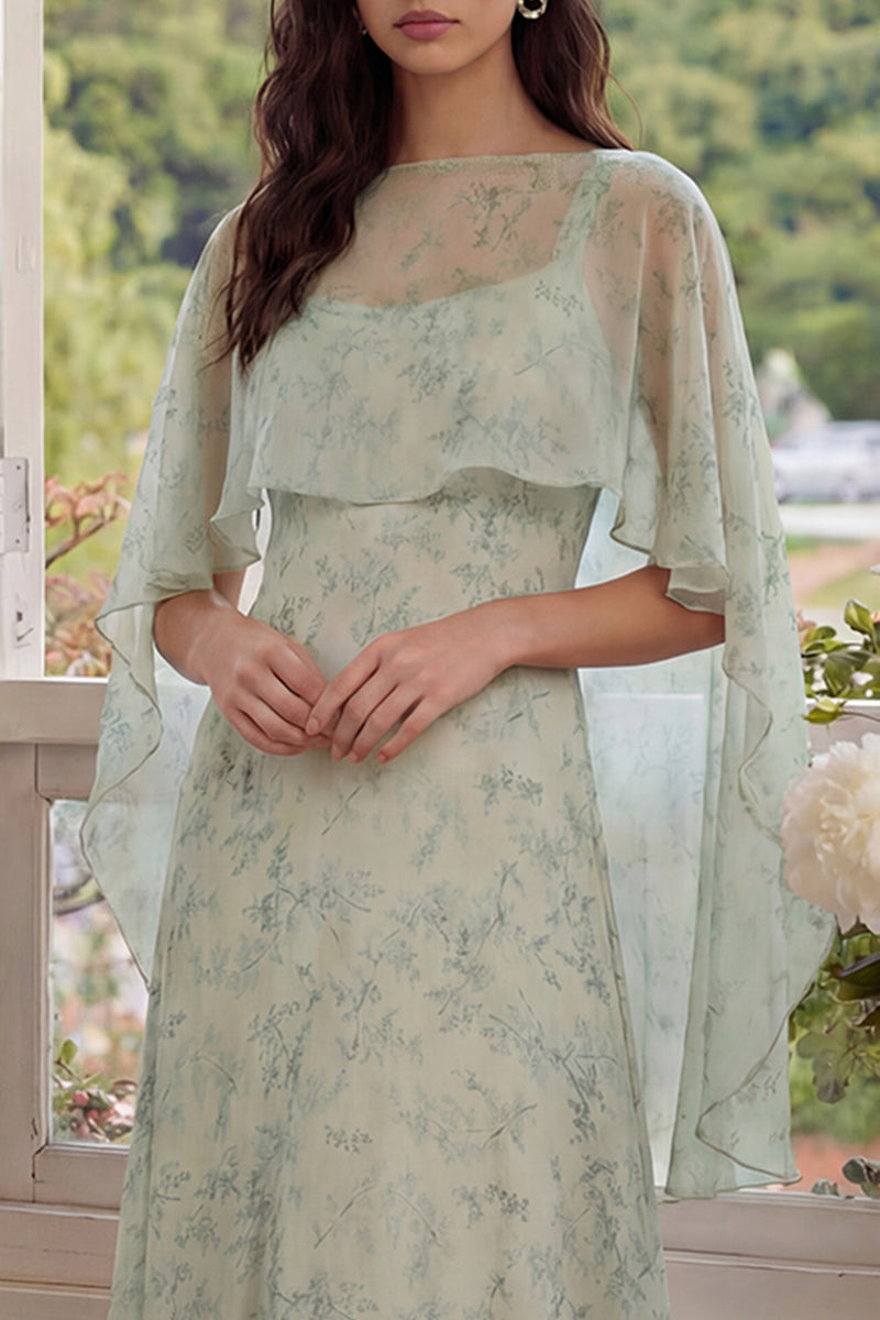 Laden Sie das Bild in den Galerie-Viewer, Staubiges Salbei Bedrucktes Chiffon A-Linie Zweiteiliges Midi Kleid