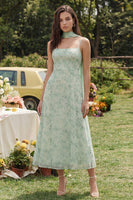 Laden Sie das Bild in den Galerie-Viewer, Staubiges Salbei Bedrucktes Chiffon Spaghetti-Träger A-Linie Midi Kleid