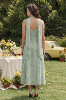 Laden Sie das Bild in den Galerie-Viewer, Staubiges Salbei Bedrucktes Chiffon Spaghetti-Träger A-Linie Midi Kleid