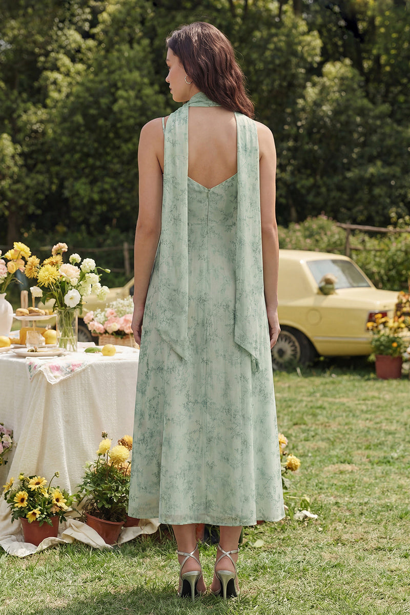 Laden Sie das Bild in den Galerie-Viewer, Staubiges Salbei Bedrucktes Chiffon Spaghetti-Träger A-Linie Midi Kleid