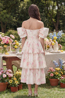 Laden Sie das Bild in den Galerie-Viewer, Rosa Weißes Blumen Stufen A-Linie Midi Kleid Ohne Schulter