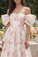 Laden Sie das Bild in den Galerie-Viewer, Rosa Weißes Blumen Stufen A-Linie Midi Kleid Ohne Schulter