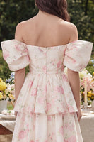 Laden Sie das Bild in den Galerie-Viewer, Rosa Weißes Blumen Stufen A-Linie Midi Kleid Ohne Schulter