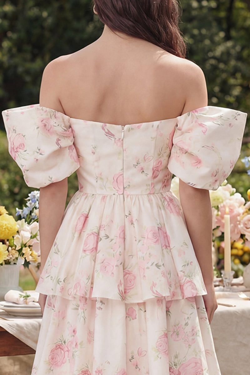 Laden Sie das Bild in den Galerie-Viewer, Rosa Weißes Blumen Stufen A-Linie Midi Kleid Ohne Schulter
