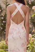 Laden Sie das Bild in den Galerie-Viewer, Neckholder Rosa Weiß Blumen Scheide Midi Kleid