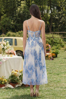 Laden Sie das Bild in den Galerie-Viewer, Weißblaues Blumen Korsett A-Linie Tüll Spaghettiträger Midi Kleid