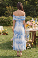 Laden Sie das Bild in den Galerie-Viewer, Weiß-Blaues Blumenmuster A-Linie Tüll Schulterfreies Korsett Midi Kleid mit Schlitz