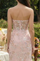 Laden Sie das Bild in den Galerie-Viewer, Rosa Appliquiertes Trägerloses Meerjungfrauen Korsett Midi Kleid