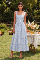 Laden Sie das Bild in den Galerie-Viewer, Blaues Jacquard Quadrathals A-Linie Midi Kleid mit Reißverschluss hinten