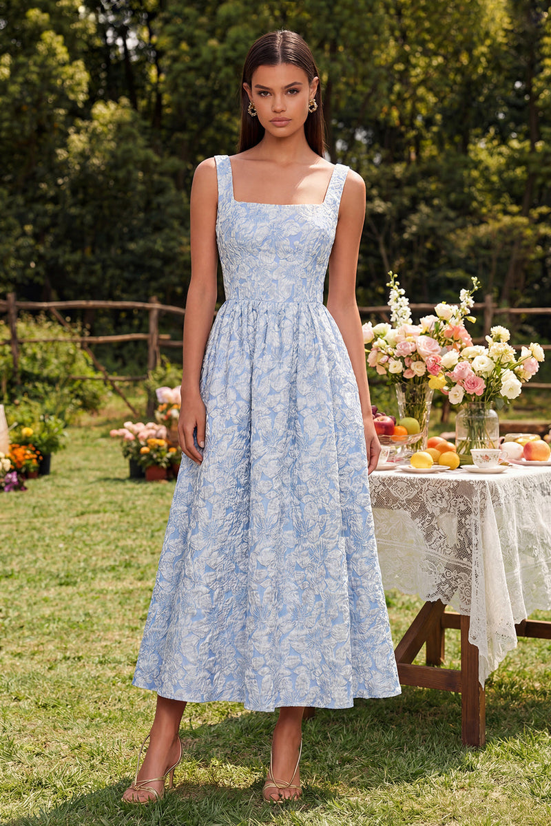 Laden Sie das Bild in den Galerie-Viewer, Blaues Jacquard Quadrathals A-Linie Midi Kleid mit Reißverschluss hinten