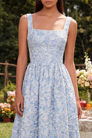 Laden Sie das Bild in den Galerie-Viewer, Blaues Jacquard Quadrathals A-Linie Midi Kleid mit Reißverschluss hinten
