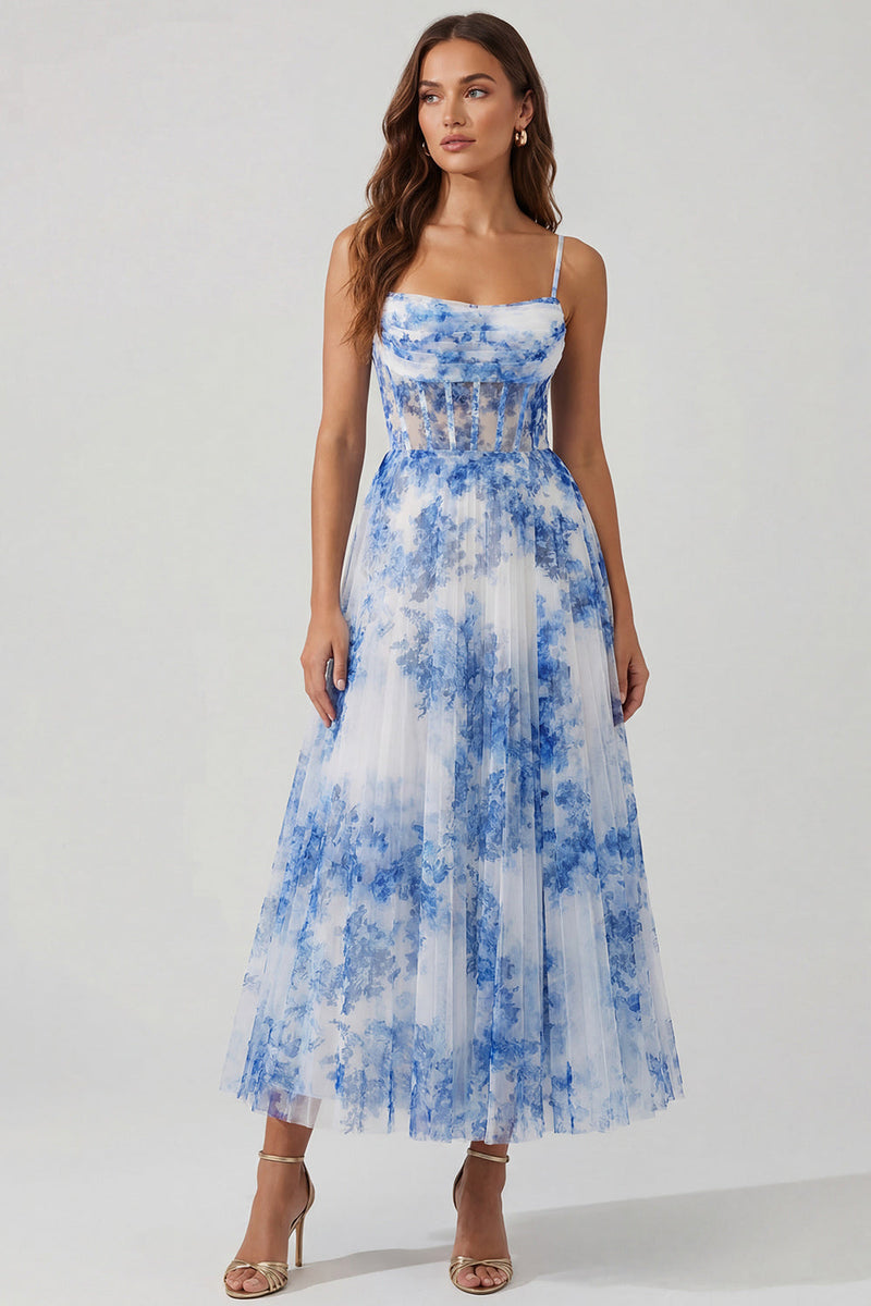 Laden Sie das Bild in den Galerie-Viewer, Weißblaues Blumen Tüll A-Linie Korsett Spaghettiträger Midi Kleid