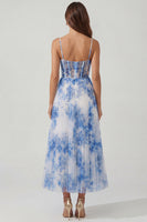 Laden Sie das Bild in den Galerie-Viewer, Weißblaues Blumen Tüll A-Linie Korsett Spaghettiträger Midi Kleid